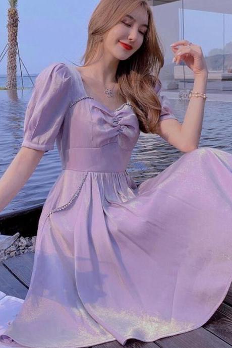 Summer Temperament Fairy Dress,bubble Sleeve Purple Dress