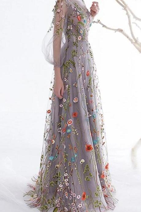 Unique A Line O-neck Evening Dress Party Dress With Embroidered
