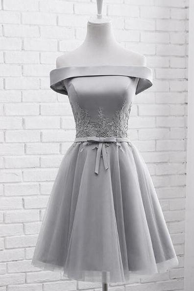 Simple Off Shoulder Grey Tulle Knee Length Homecoming Dresses