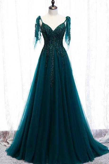 A-line Straps Tulle Teal Blue Long Evening Dress