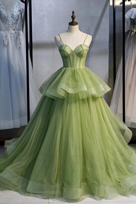 Strapless Full Length Green Tulle Prom Dress Evening Dress