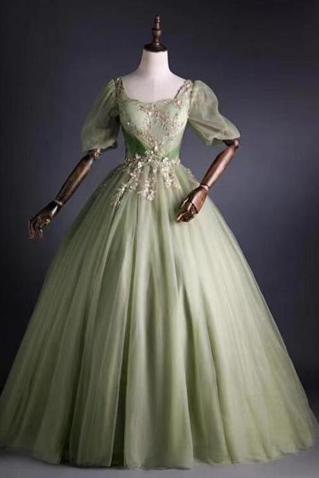 Vintage Ball Gown Green Puffed Sleeve Evening Dresses