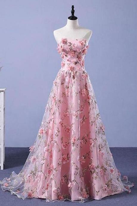 Elegant Pink Strapless Evening Dress With 3d Floral Long Prom Dress