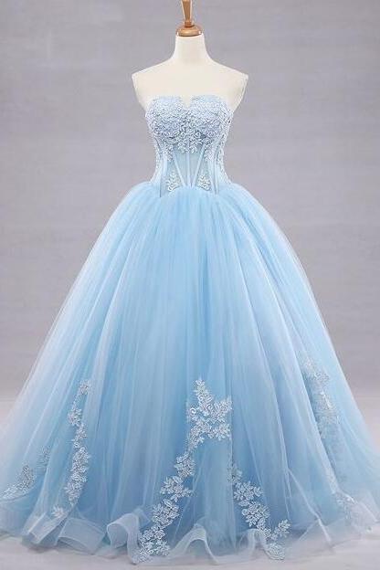 Sweetheart Ball Gown Light Blue Party Dress With Applique