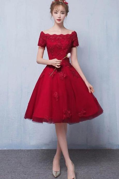 Cute Burgundy Tulle Lace Short Homecoming Dress