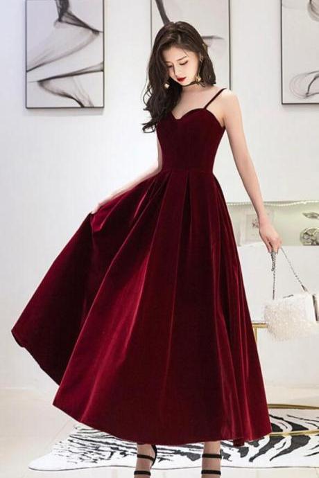 A Line Burgundy Velvet Prom Dress Evening Dress