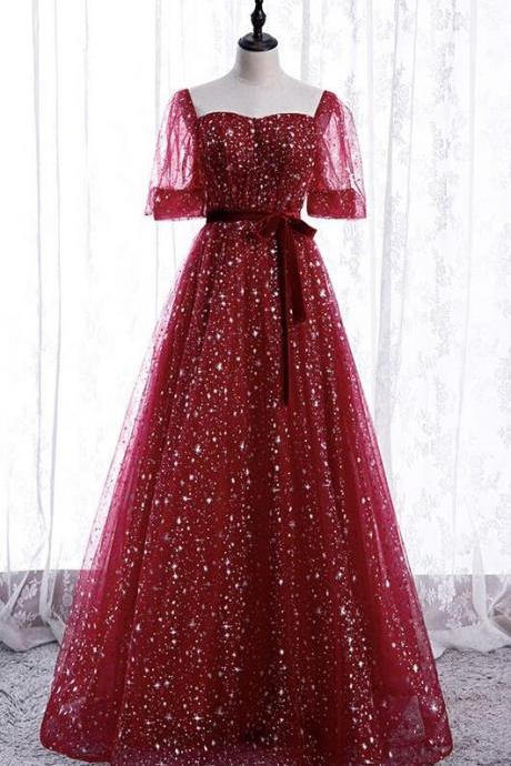 A Line Burgundy Tulle Prom Dresses