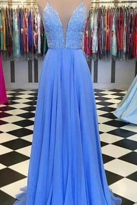 A Line Popular Blue Long Prom Dress With Beading