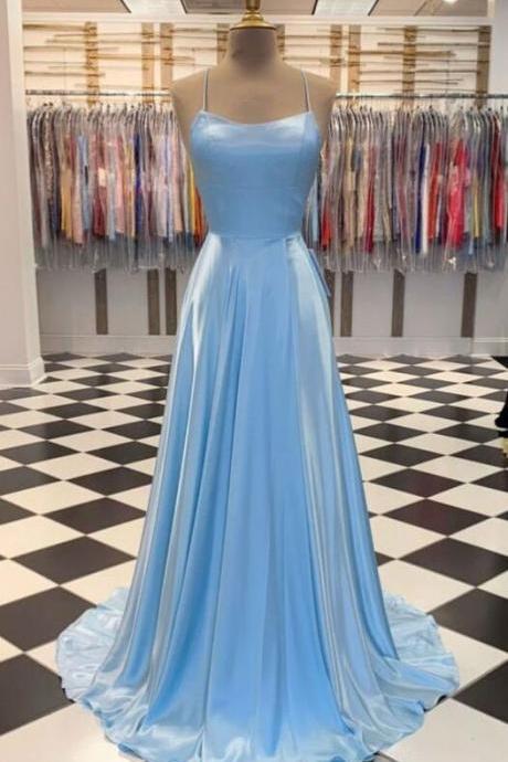 Simple A Line Blue Satin Long Prom Dress
