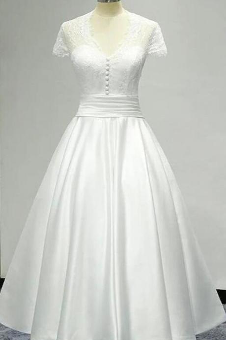 Tea Length Lace Cap Sleeve Prom Dresses