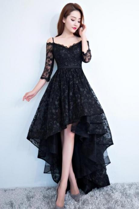 Beautiful High Low V-neckline Straps Black Lace Prom Dress