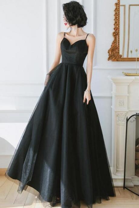 A-line V-neckline Floor Length Black Evening Dress