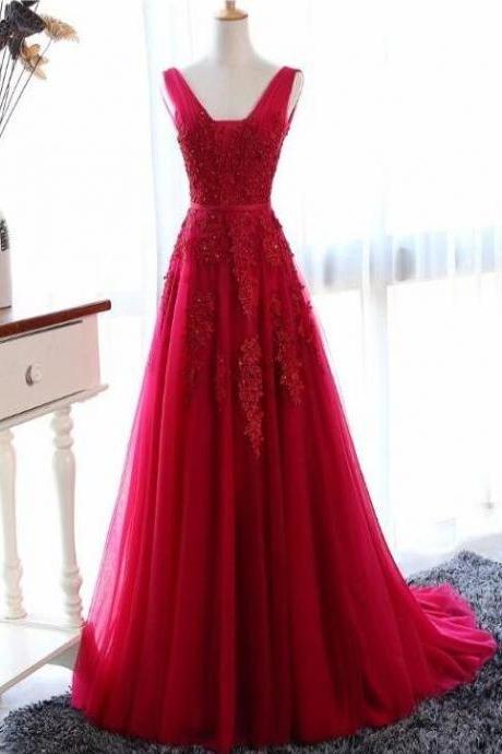 A Line Dark Red Low Back Tulle Party Dresses With Lace