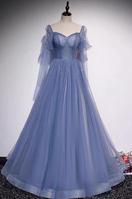 A Line Temperament Long Sleeve Long Blue Prom Dress