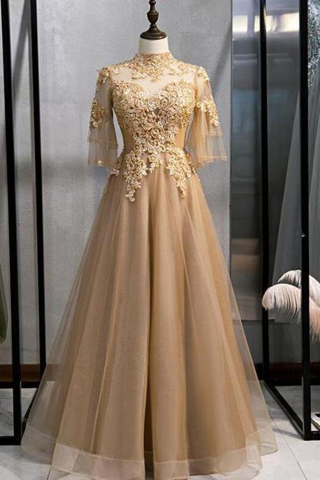 Champagne Short Sleeves A Line Tulle Evening Dress