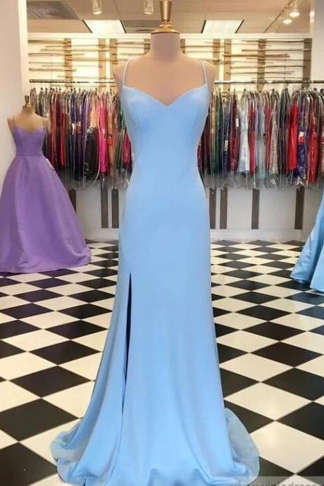 Sheath Light Blue Long Slit Prom Dresses
