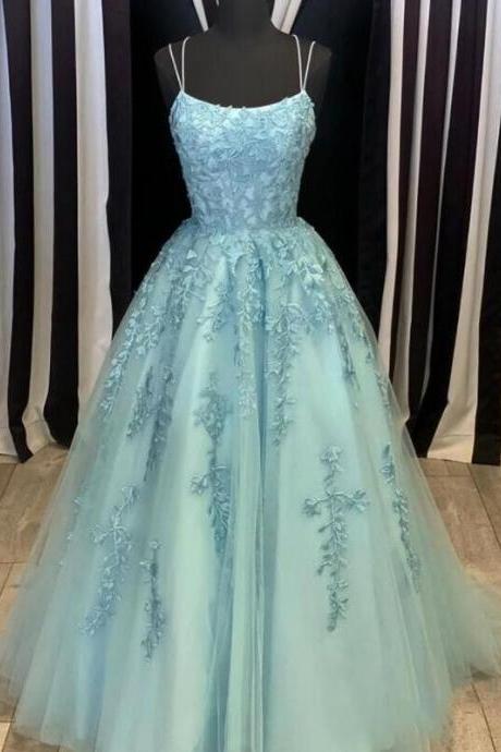 Floor Length Backless Tulle Long Prom Dress With Lace