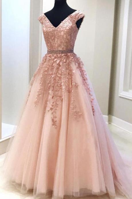Charming Pink V-neckline Lace Tulle Long Prom Dress