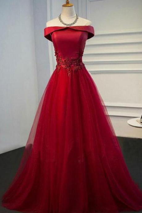 Off Shoulder Long Red Formal Prom Dress With Tulle