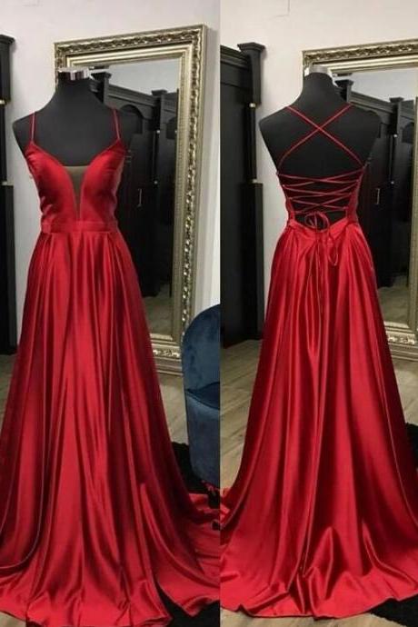 A-line Backless Red V-neck Prom Dress With Train