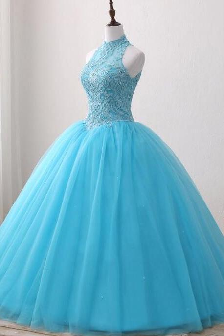 High Neck Ball Gown Blue Lace Long Tulle Quinceanera Dress