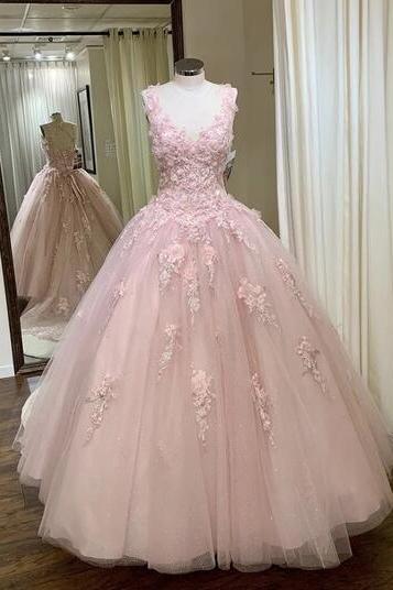 A Line Ball Gown Pink Tulle Long Prom Dress