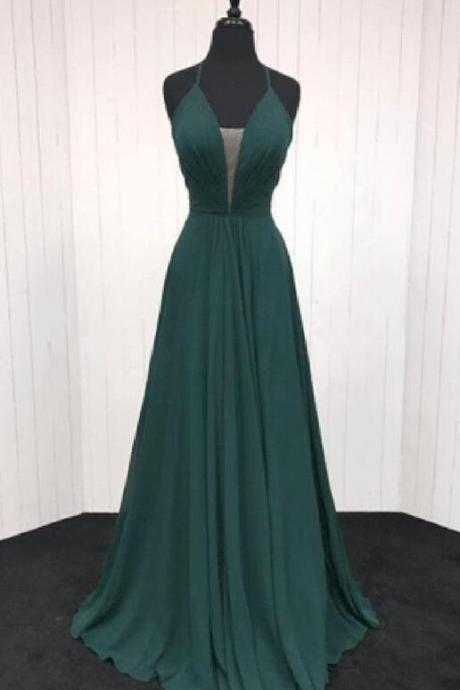 Simple A Line Dark Green Chiffon V Neck Prom Dress