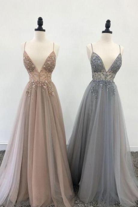 A Line V Neck Tulle Long Prom Dress With Beading