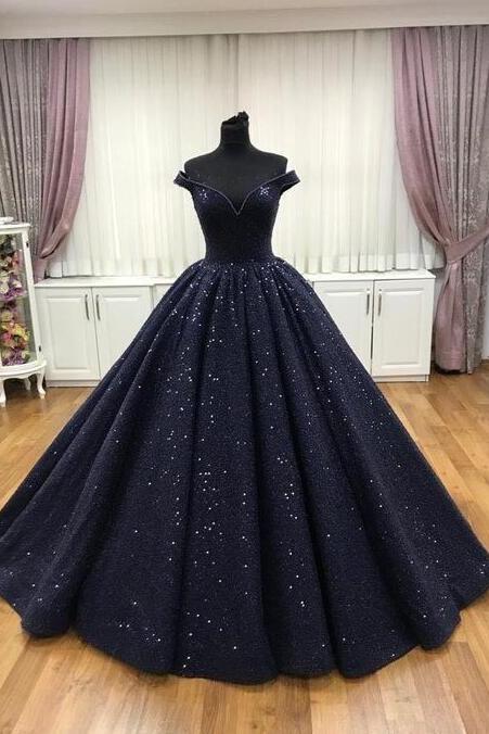 Ball Gown Navy Blue V Neck Prom Dress