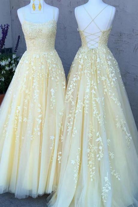 Spaghetti Straps A Line Yellow Lace Prom Dress Evening Dress