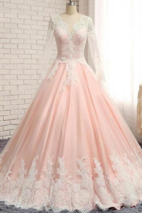 A Line Pink Tulle Long Sleeve Evening Dress