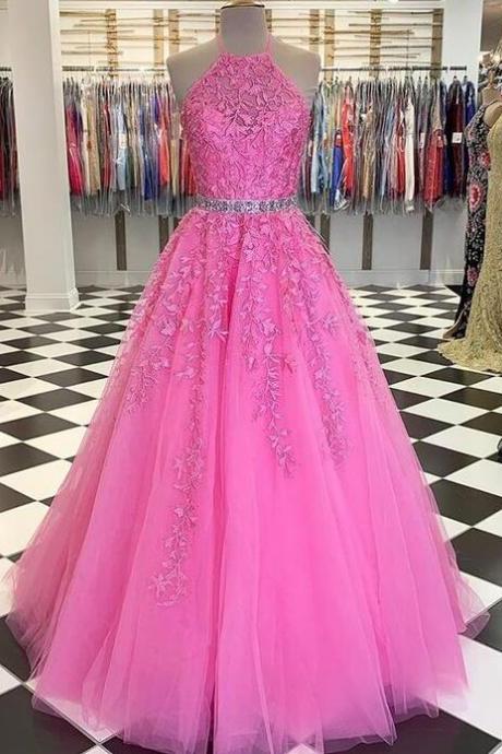 A Line Halter Lace Applique Tulle Prom Dress With Beading