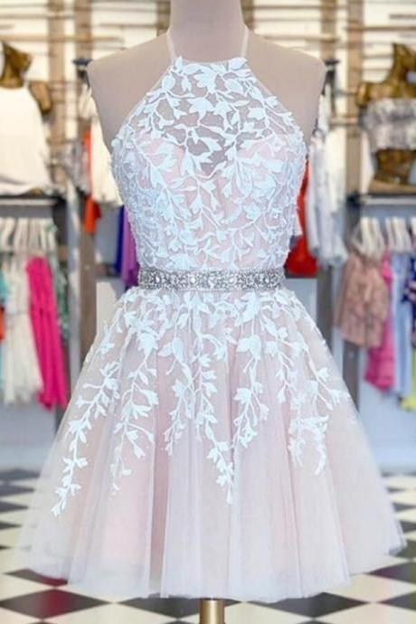 Halter Pink Short Lace Homecoming Dresses