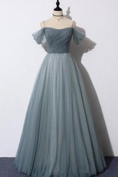 Off Shoulder Floor Length Grey Tulle Prom Dress With Sleeve