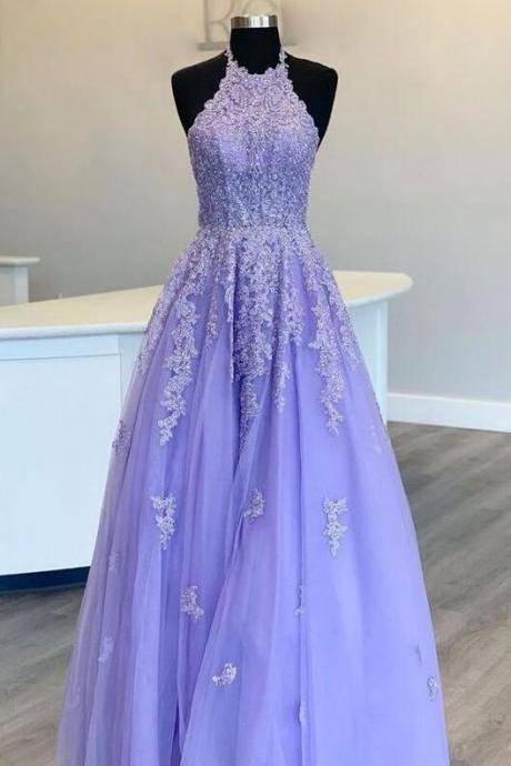 A Line Purple Long Strapless Lace Prom Dress