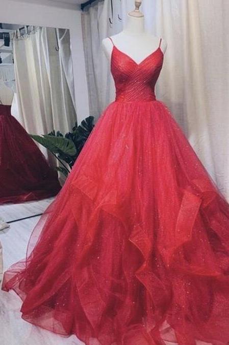 A Line Red V Neck Tulle Long Prom Evening Dress