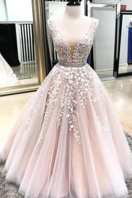 A Line Long Beaded Prom Dress With Applique