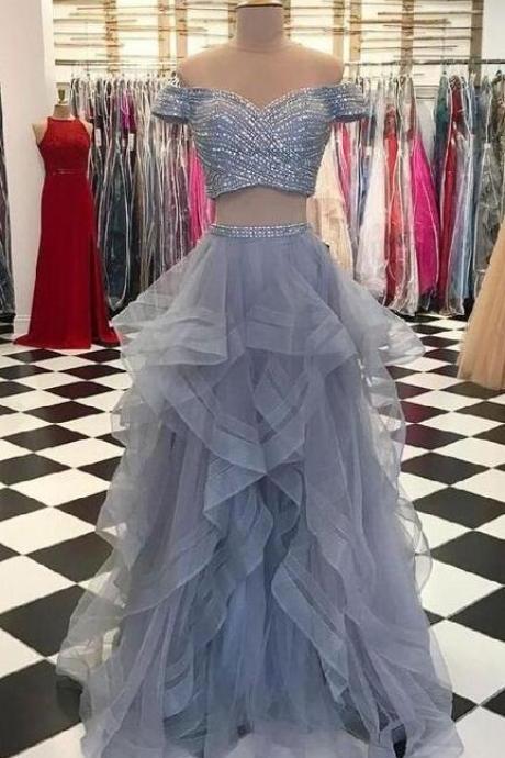 Off The Shoulder Two Piece Tulle Prom Dresses With Beaded