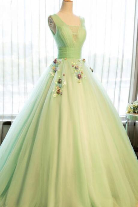 A Line Green Tulle Long Prom Dresses