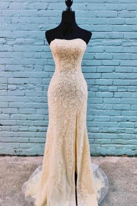 Strapless Lace Long Prom Dress With Side Slit