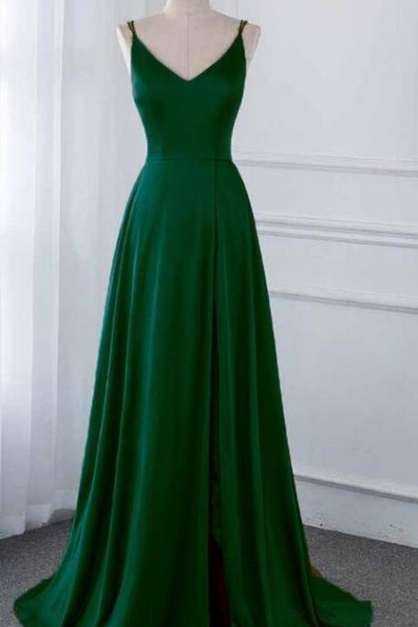 Spaghetti Strap A Line Green Satin Long Prom Dresses