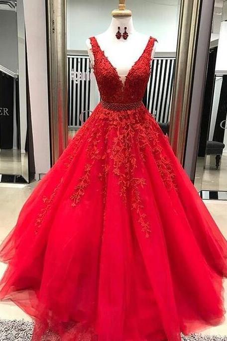A-line V Neck Lace Beaded Red Evening Prom Dresses
