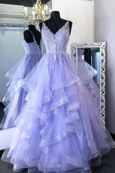 A Line Purpler Tulle Lace Long Prom Dress Formal Dress
