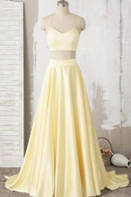 A Line Two Piece Long Yellow Formal Dress