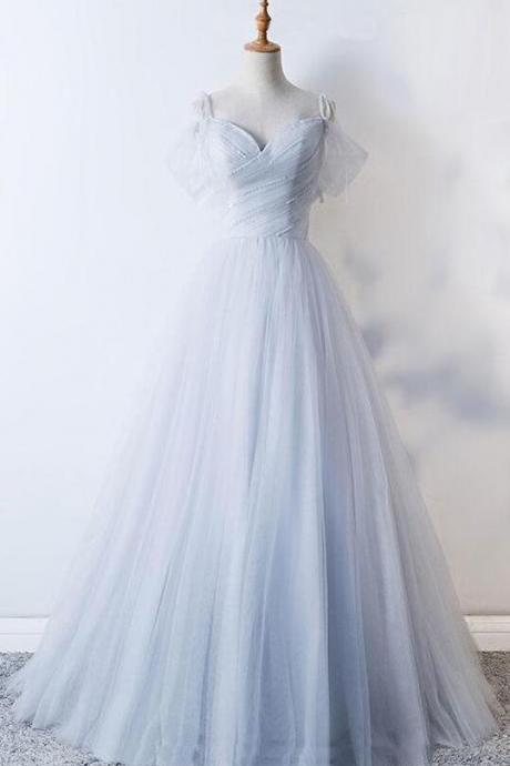 Sweetheart Gray Tulle Long Prom Dresses