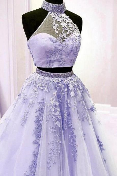 A Line Two Piece Lavender Prom Dresses