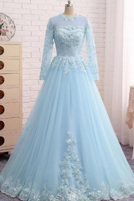 Vintage Long Sleeve Beaded Blue Lace Formal Prom Dress