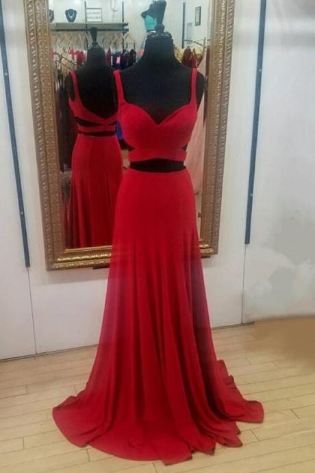 Simple Two Piece Long Red Prom Dresses