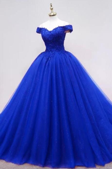 Off The Shoulder Royal Blue Tulle Ball Gown Appliques Quinceanera Dresses