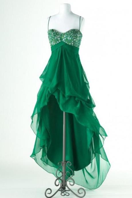 Spaghetti Straps Hi-low Green Prom Dresses